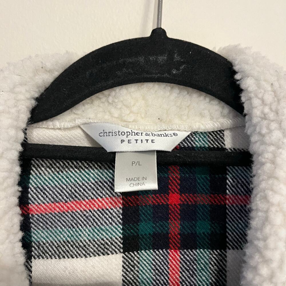Christopher & Banks Tartan Plaid Vest Sherpa Open Front Wool Blend Petite Large - Picture 4 of 5